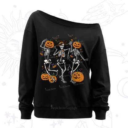 Purplehecate Pumpkin Head Skeleton Dance Halloween Off The Shoulder Sweatshirt