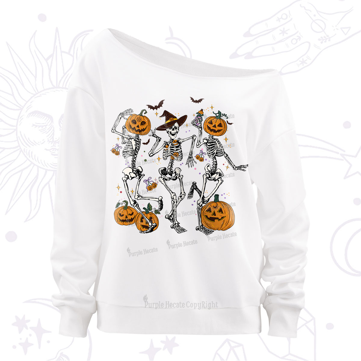 Purplehecate Pumpkin Head Skeleton Dance Halloween Off The Shoulder Sweatshirt