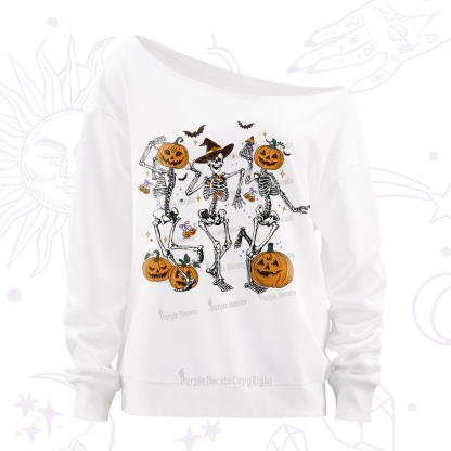 Purplehecate Pumpkin Head Skeleton Dance Halloween Off The Shoulder Sweatshirt