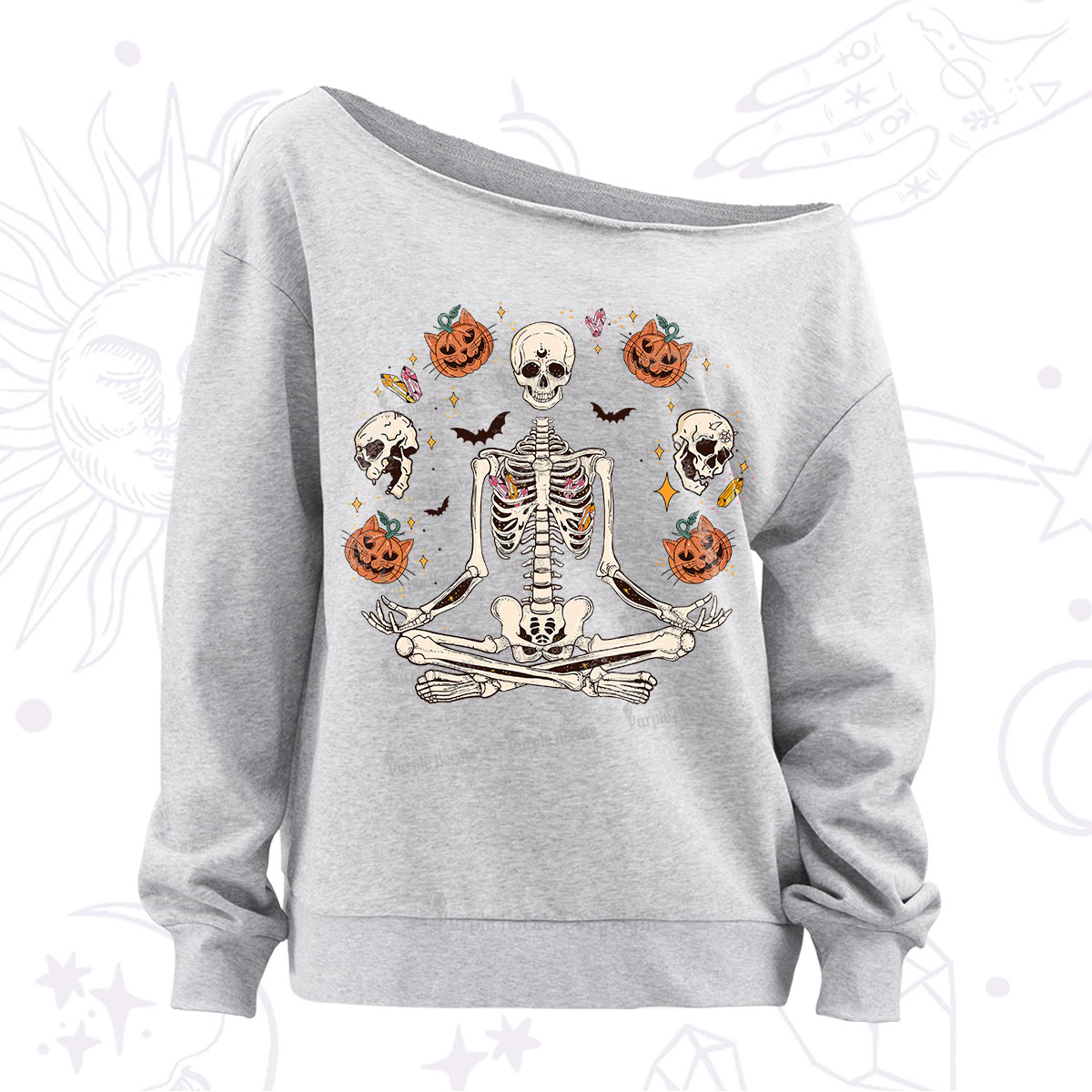 Purplehecate Funny Skeleton Halloween Off The Shoulder Sweatshirt