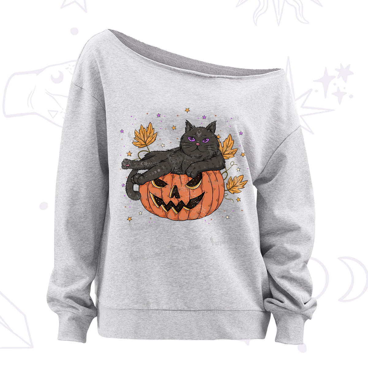 Purplehecate Pumpkin Throne of the Witch Cat Off The Shoulder Sweatshirt