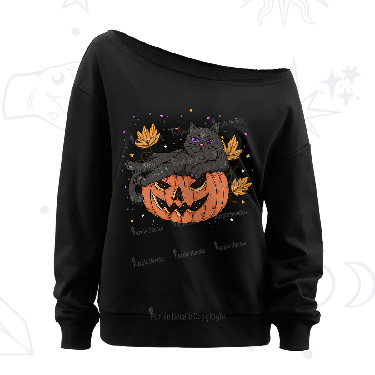 Purplehecate Pumpkin Throne of the Witch Cat Off The Shoulder Sweatshirt