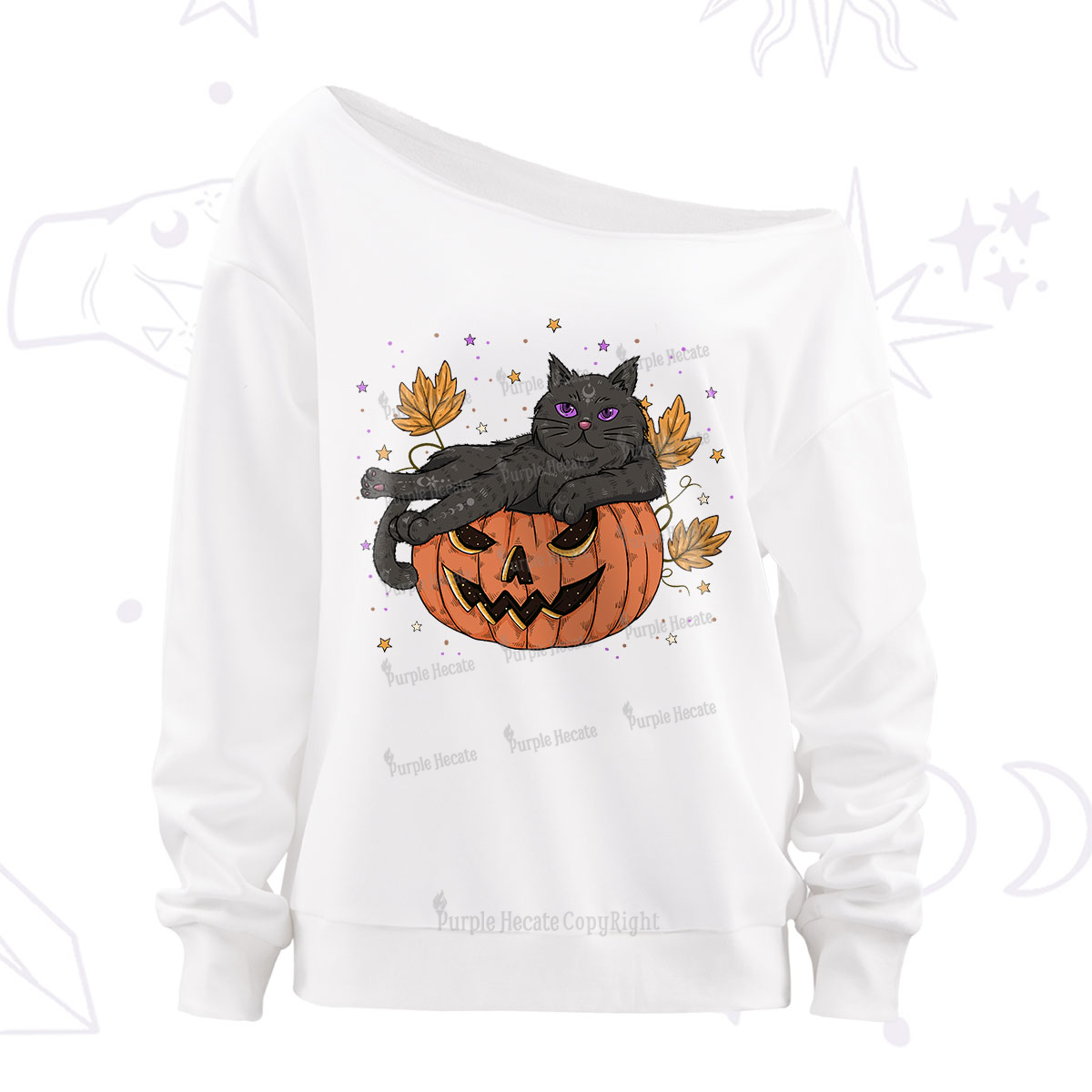 Purplehecate Pumpkin Throne of the Witch Cat Off The Shoulder Sweatshirt