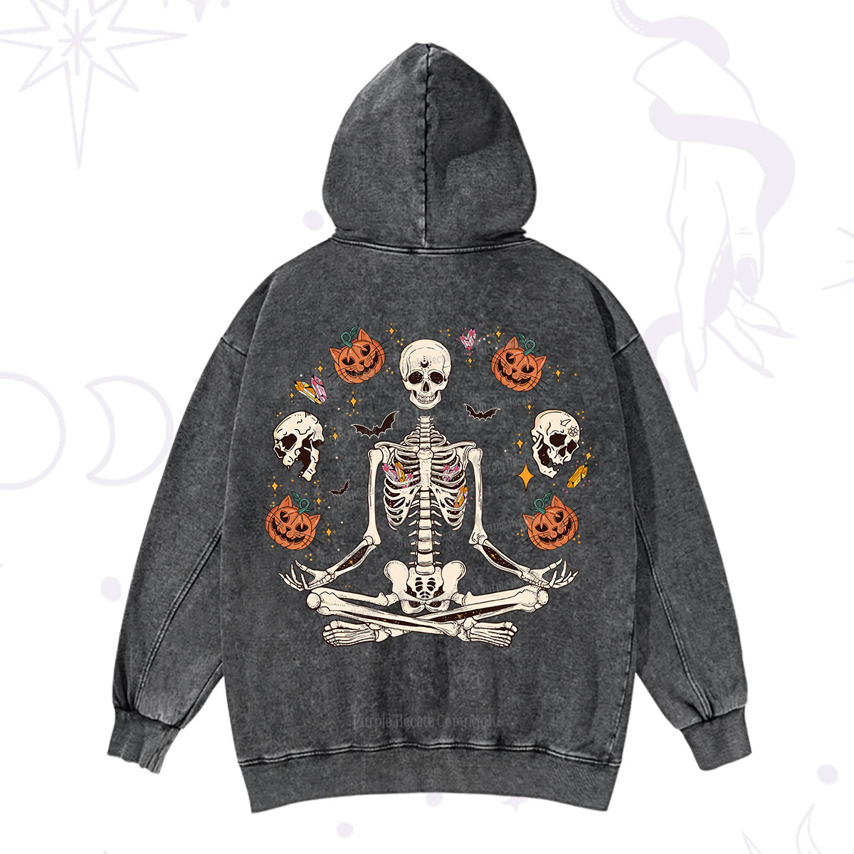 Purplehecate Funny Skeleton Halloween Washed Hoodie