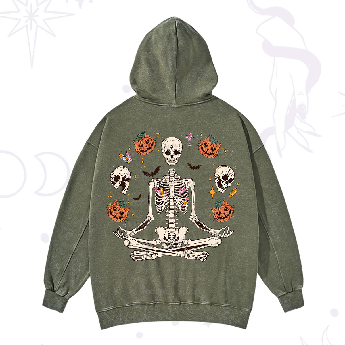 Purplehecate Funny Skeleton Halloween Washed Hoodie