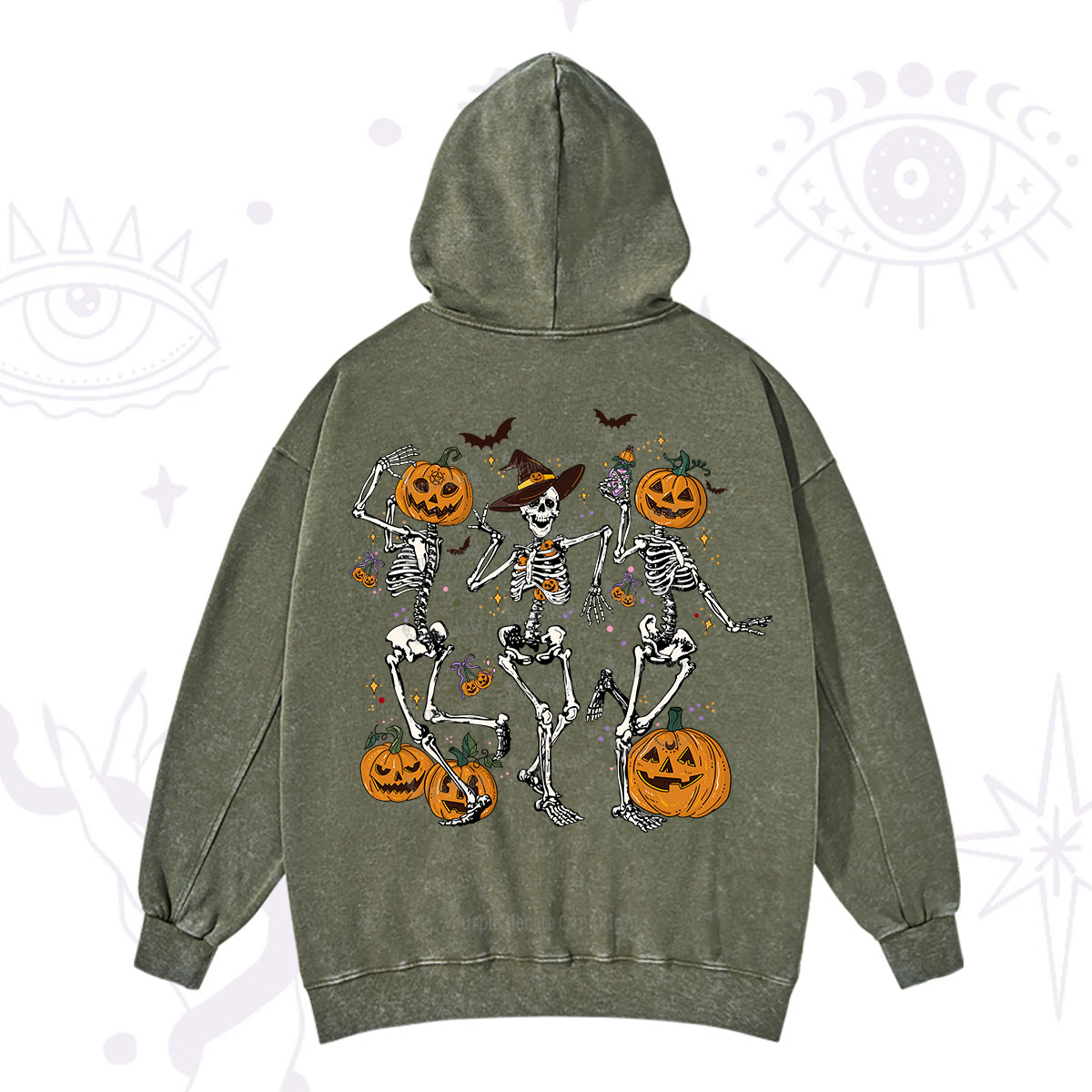 Purplehecate Pumpkin Head Skeleton Dance Halloween Washed Hoodie