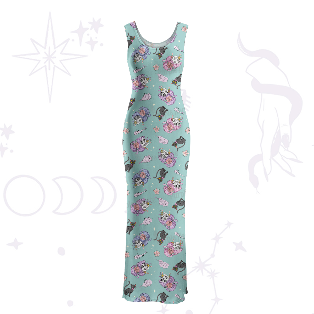 Purplehecate Magical Cat Skeleton Mom Maxi Tank Beachwear Dress