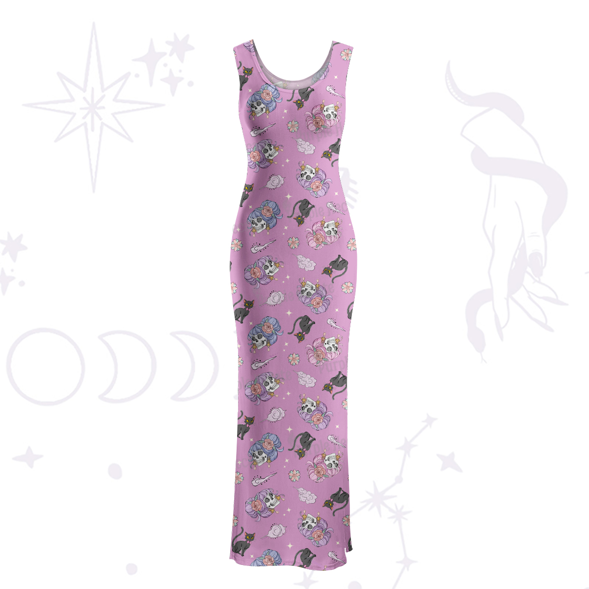 Purplehecate Magical Cat Skeleton Mom Maxi Tank Beachwear Dress