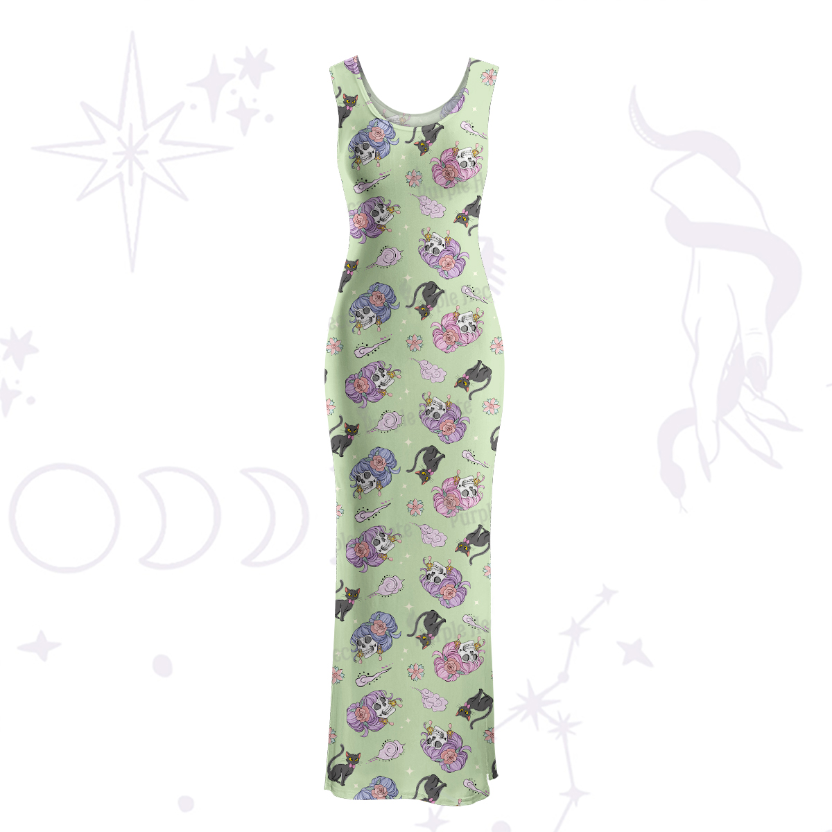 Purplehecate Magical Cat Skeleton Mom Maxi Tank Beachwear Dress