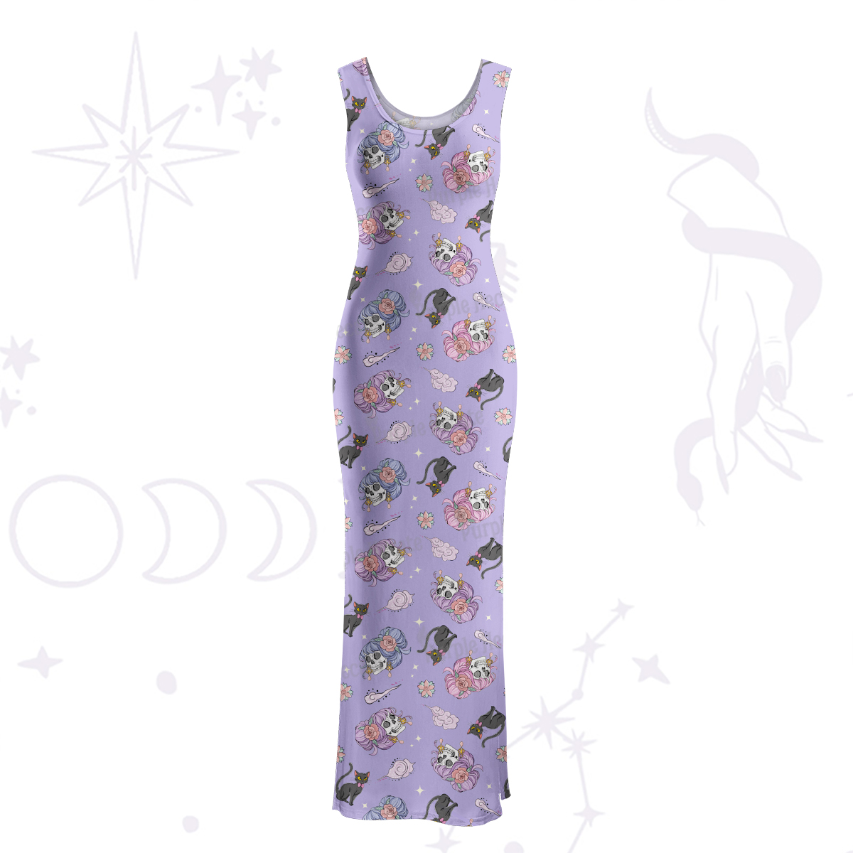 Purplehecate Magical Cat Skeleton Mom Maxi Tank Beachwear Dress