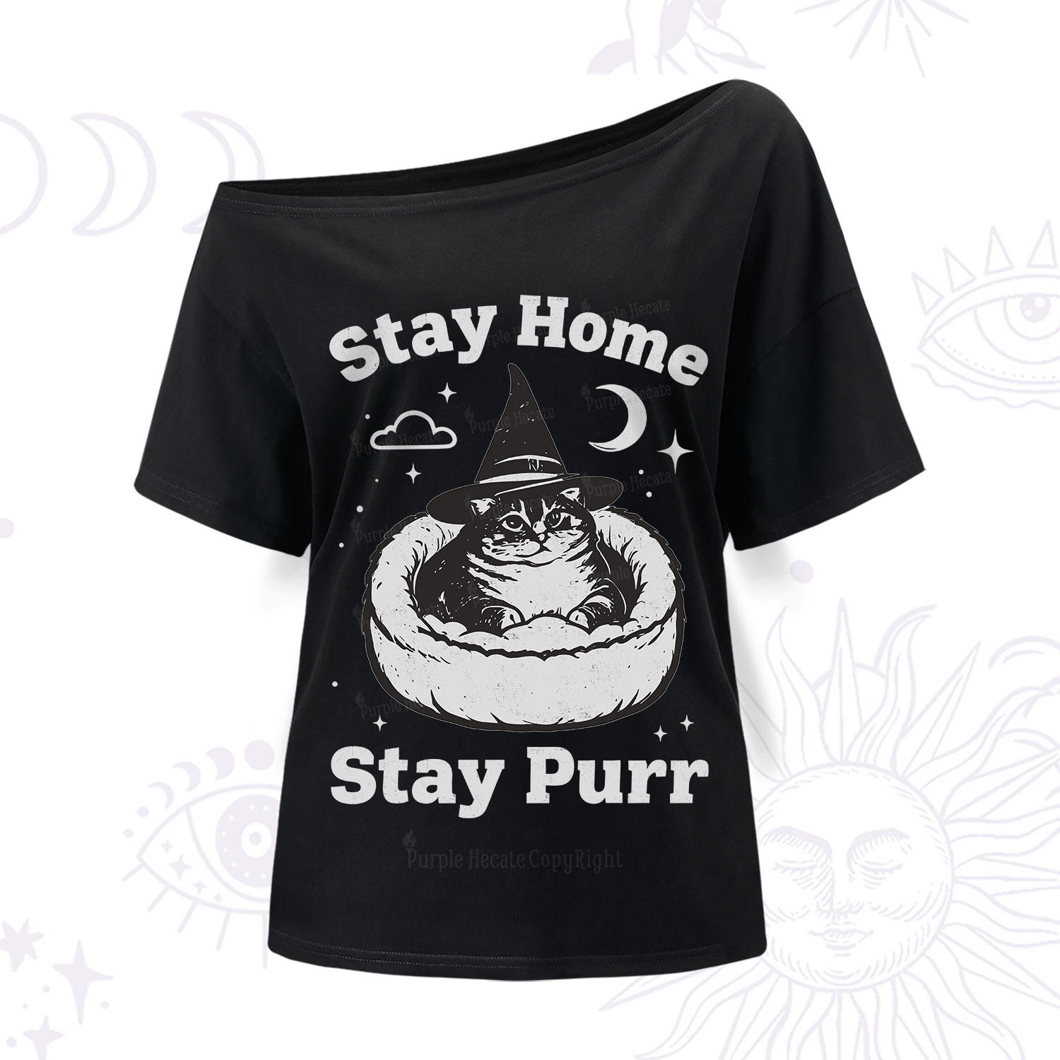 Purplehecate Stay Home Stay Purr Witch Cat One Shoulder T-Shirt