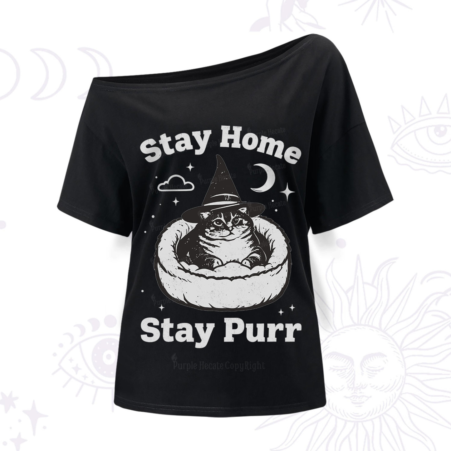 Purplehecate Stay Home Stay Purr Witch Cat One Shoulder T-Shir
