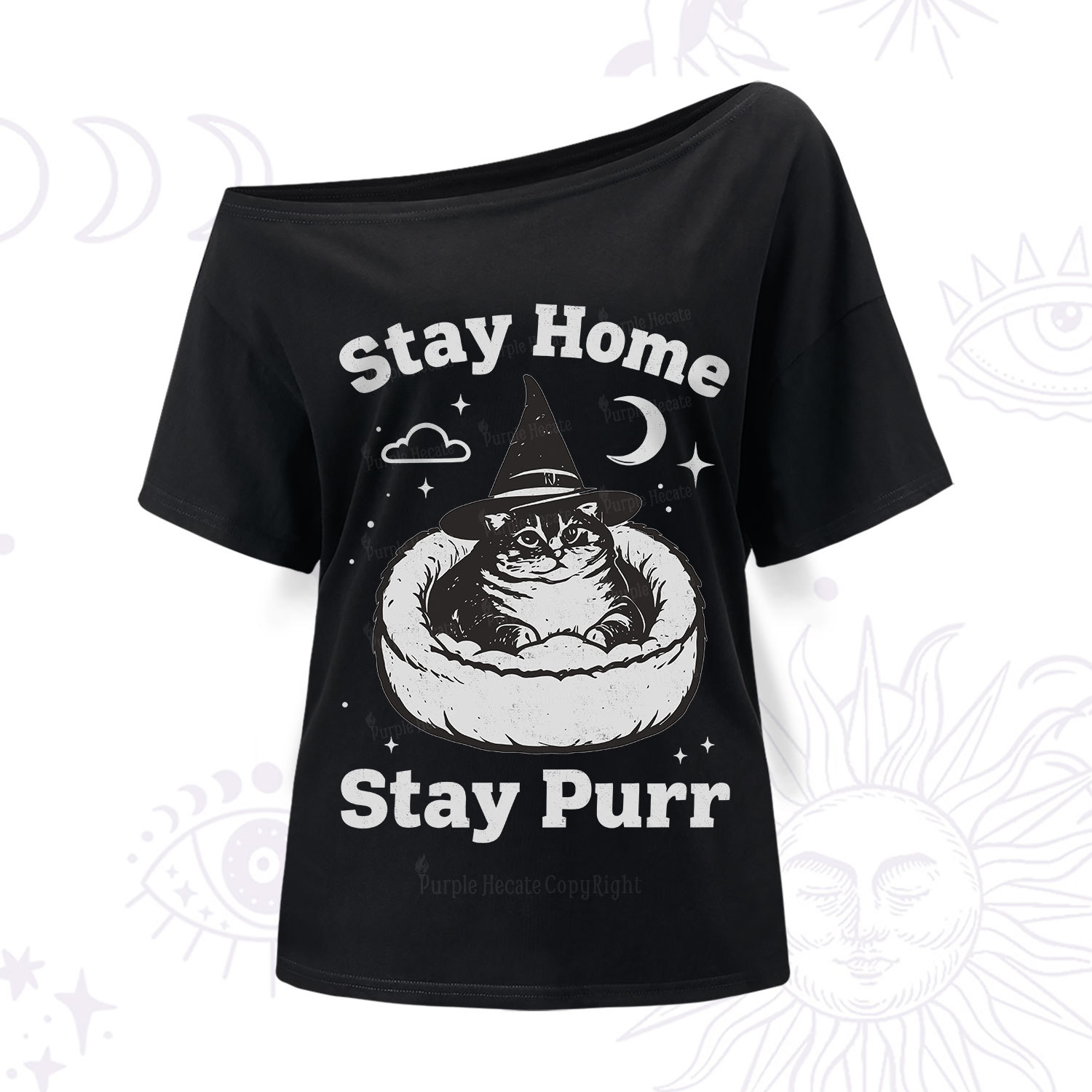 Purplehecate Stay Home Stay Purr Witch Cat One Shoulder T-Shir