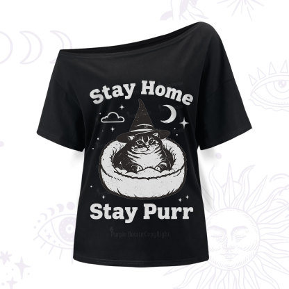 Purplehecate Stay Home Stay Purr Witch Cat One Shoulder T-Shirt