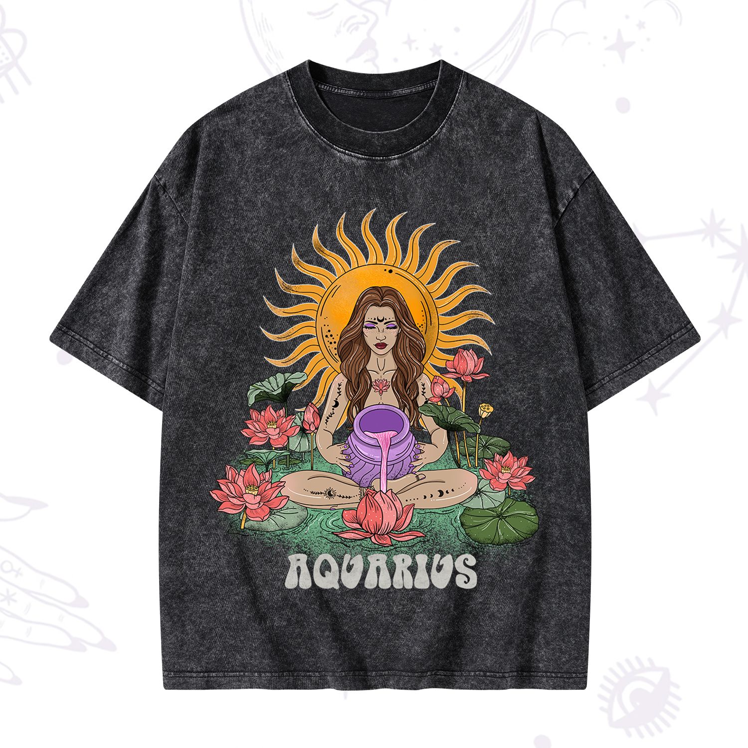 Purplehecate Sun Guardian Of Aquarius Zodiac Washed T-Shirt
