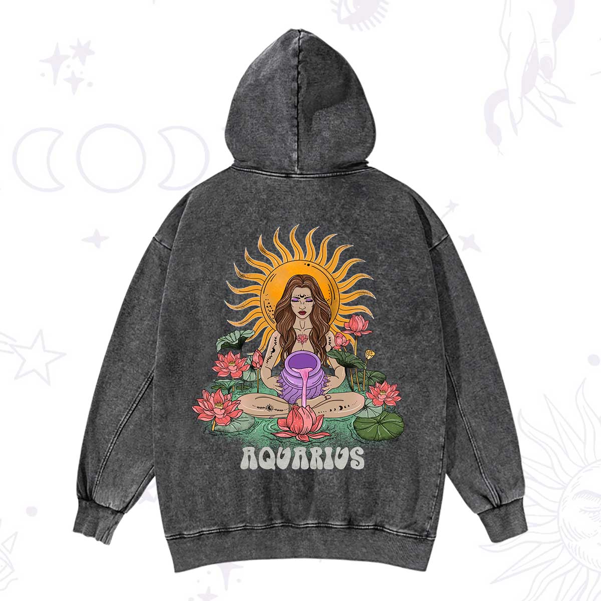 Purplehecate Sun Guardian Of Aquarius Zodiac Washed Hoodie
