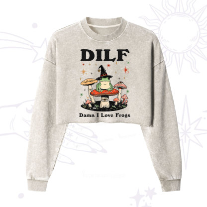 Purplehecate Dilf Damn I Love Frogs Cropped Washed Sweatshirt