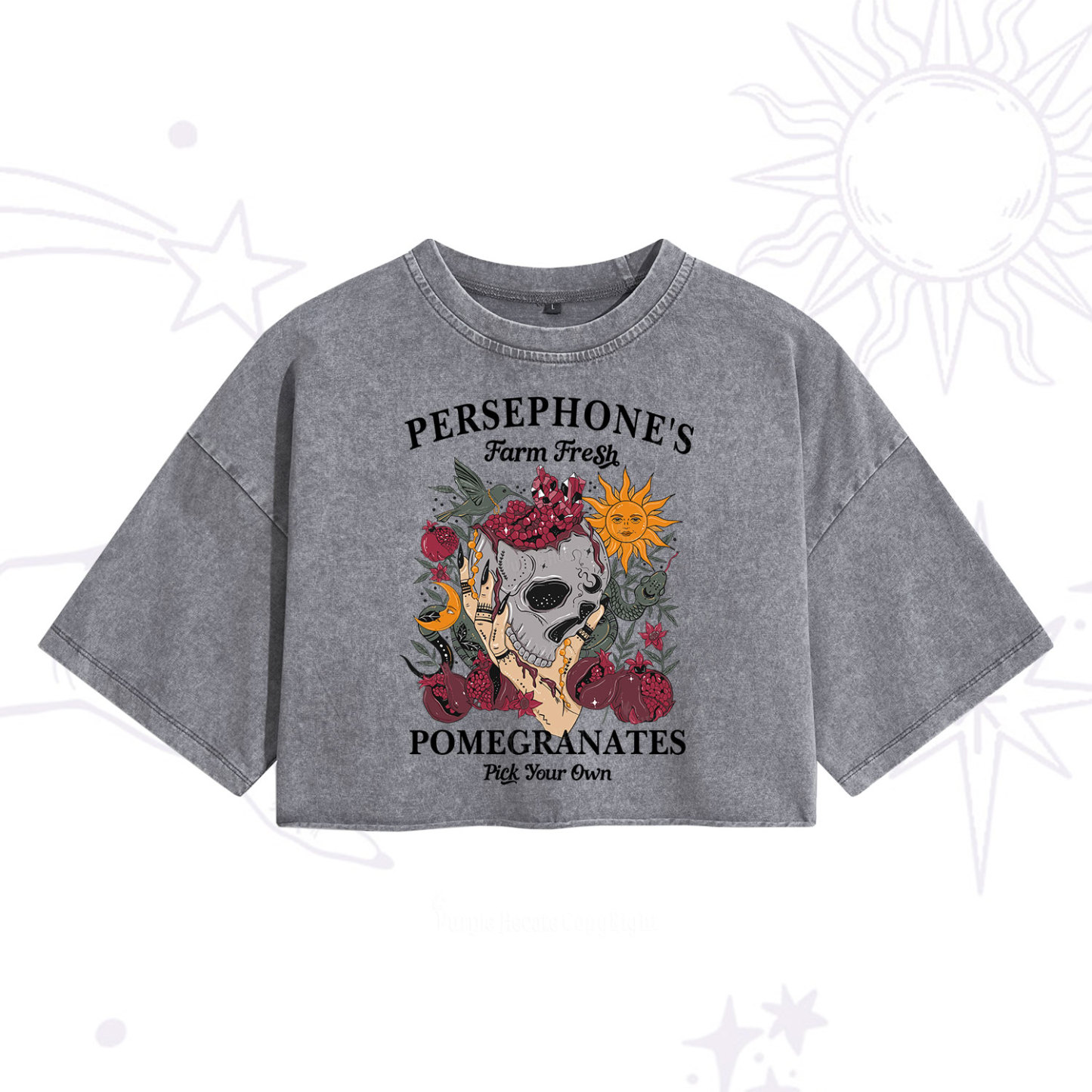 Purplehecate Persephone's Farm Fresh Pomegranates Pick Your Own Washed Cropped T-Shirt