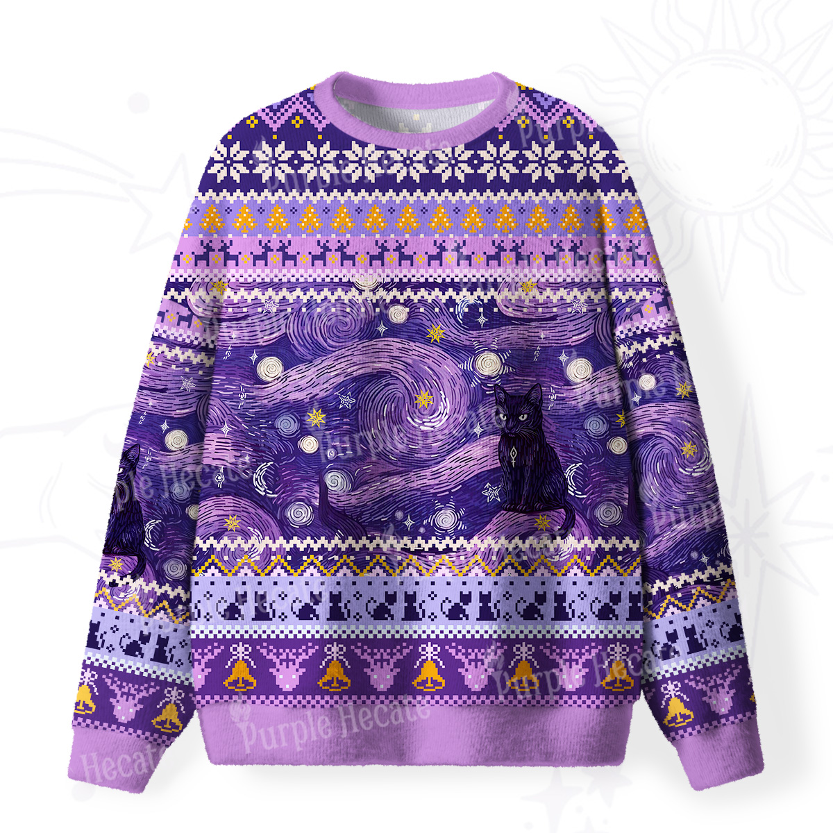 Purplehecate Mystic Cat Beneath the Cosmic Veil Fuzzy Ugly Christmas Sweatshirt