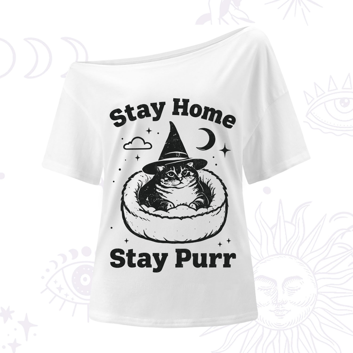 Purplehecate Stay Home Stay Purr Witch Cat One Shoulder T-Shirt