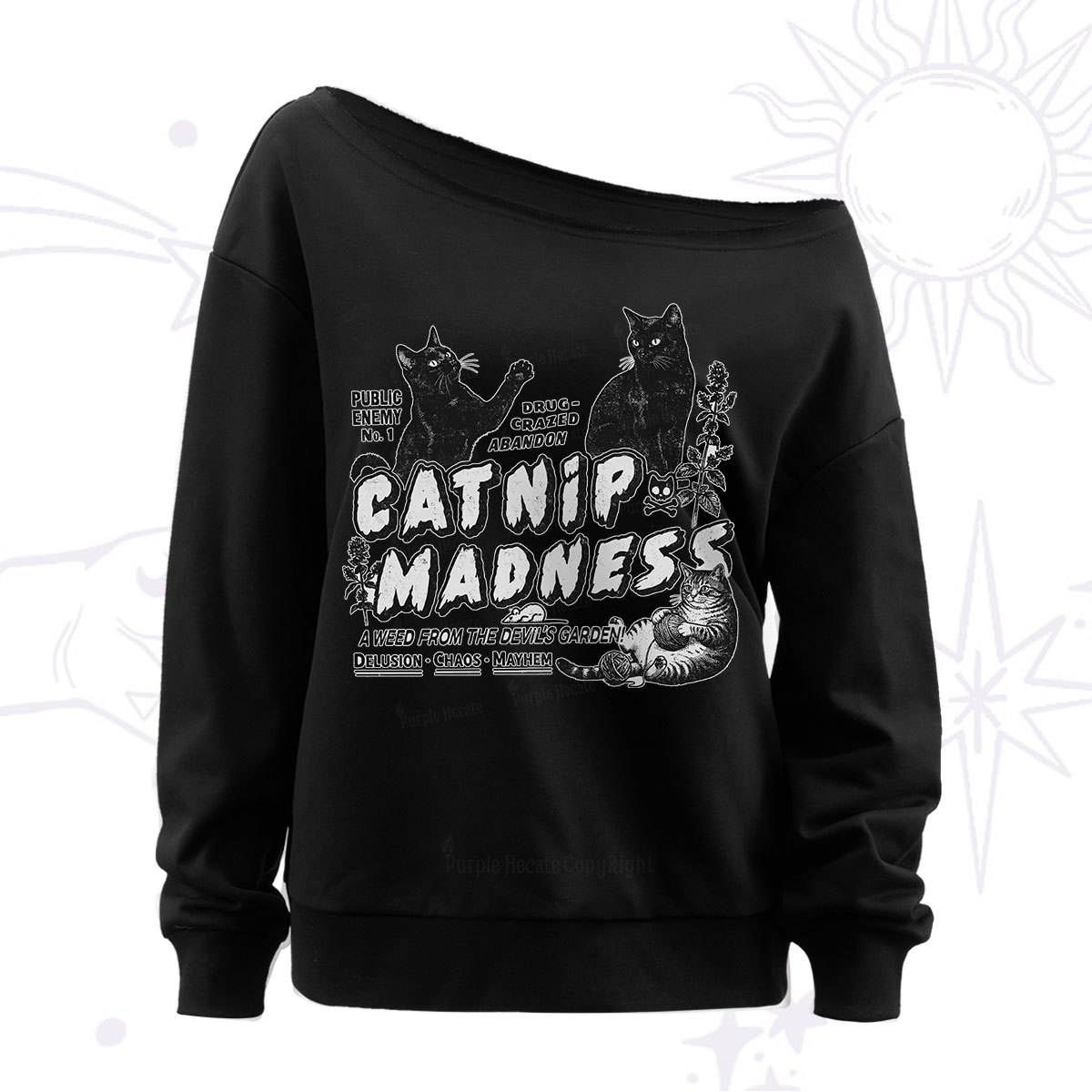 Purplehecate Catnip?Madness Cute?Cat Off The Shoulder Sweat