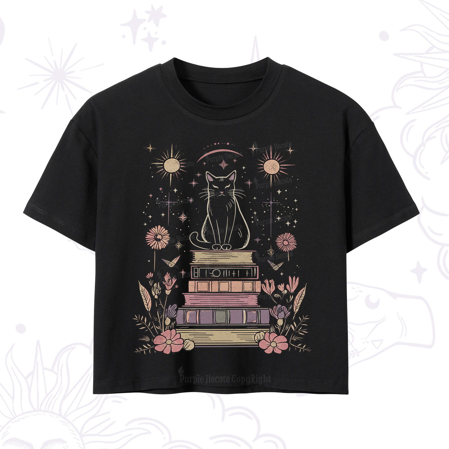 Purplehecate Mystical Cat Reading a Witchy Book Crop T-Shirt