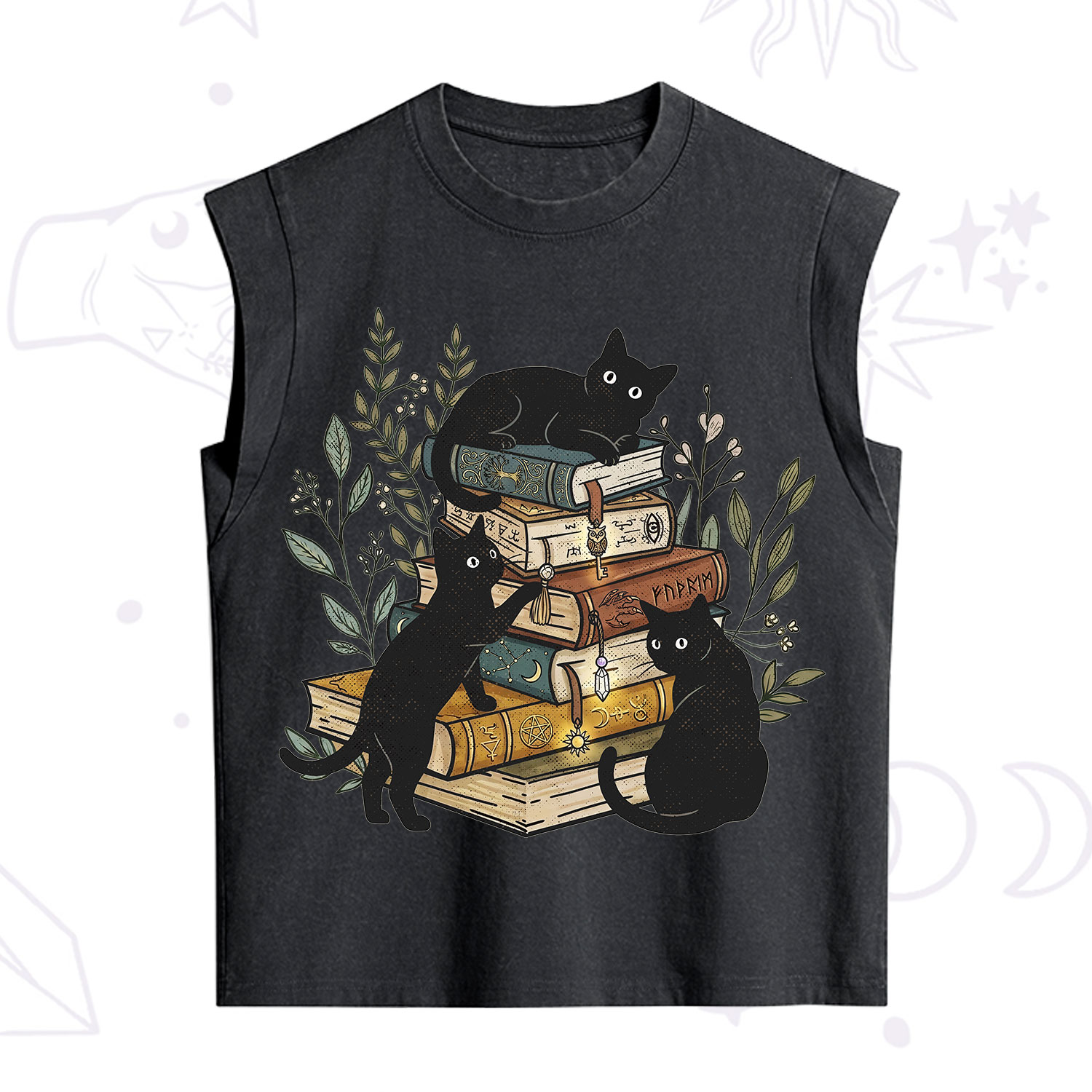 Purplehecate Enchanted Library Three Black Cats Vintage Washed Tank