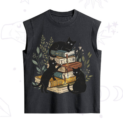 Purplehecate Enchanted Library Three Black Cats Vintage Washed Tank