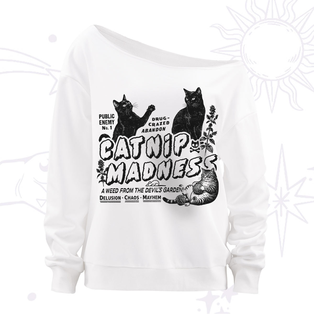 Purplehecate Catnip?Madness Cute?Cat Off The Shoulder Sweatshirt