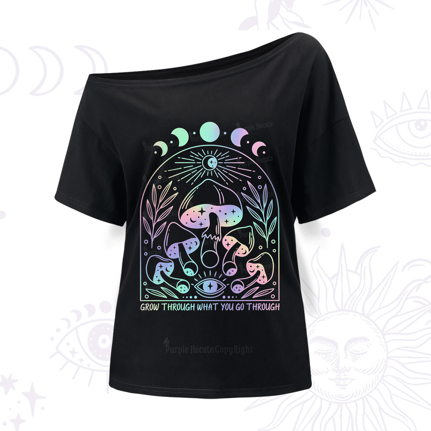 Purplehecate Moon Phases Mushroom One Shoulder T-Shirt