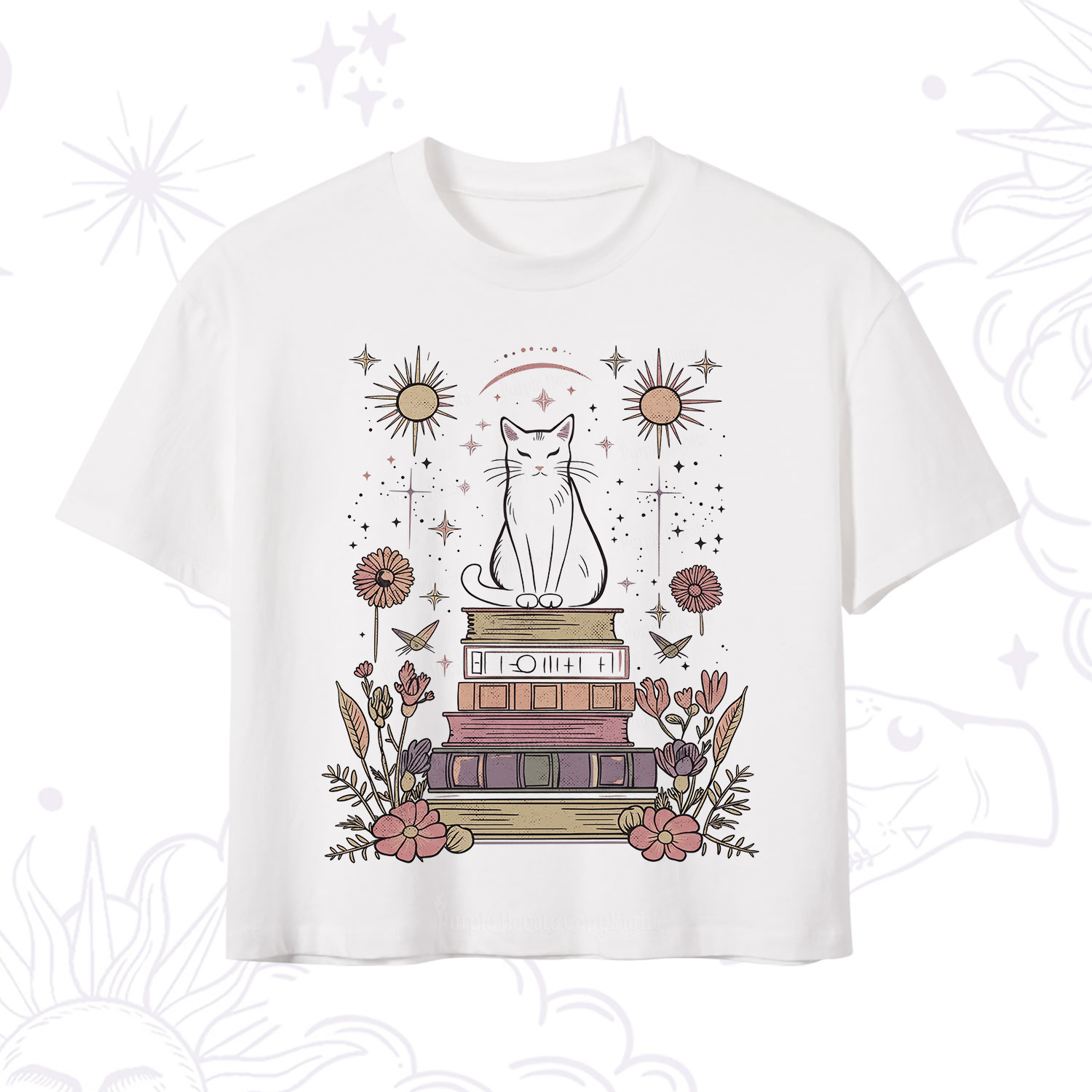 Purplehecate Mystical Cat Reading a Witchy Book Crop T-Shirt