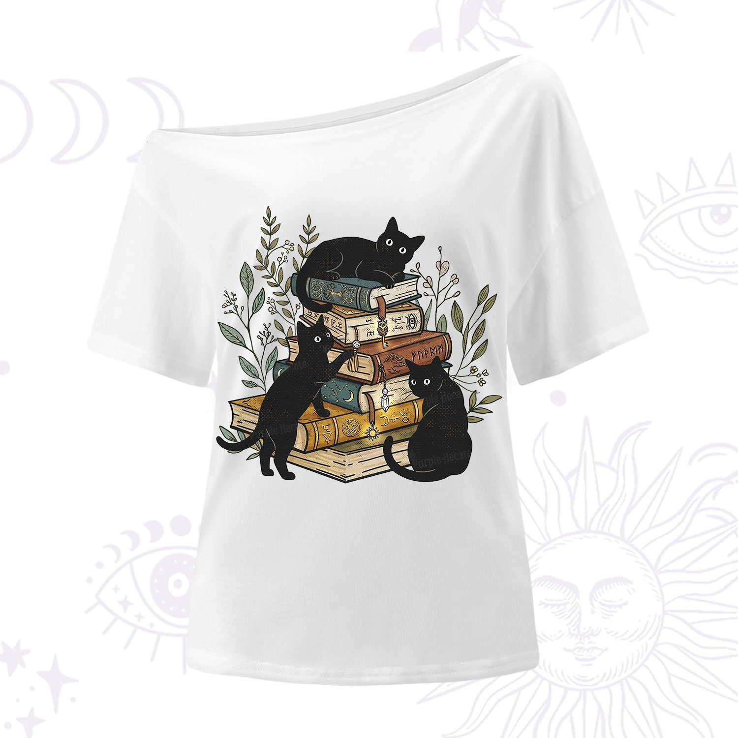 Purplehecate Enchanted Library Three Black Cats One Shoulder T-Shirt