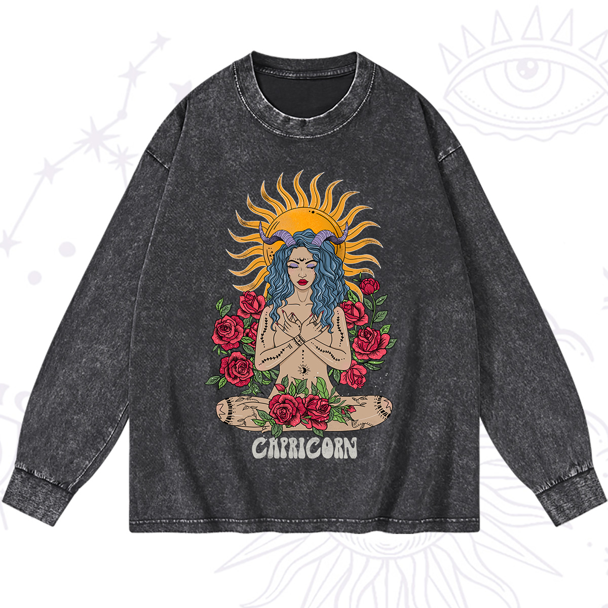 Purplehecate Sun Guardian Of Capricorn Zodiac Washed Long Sleeve Shirt