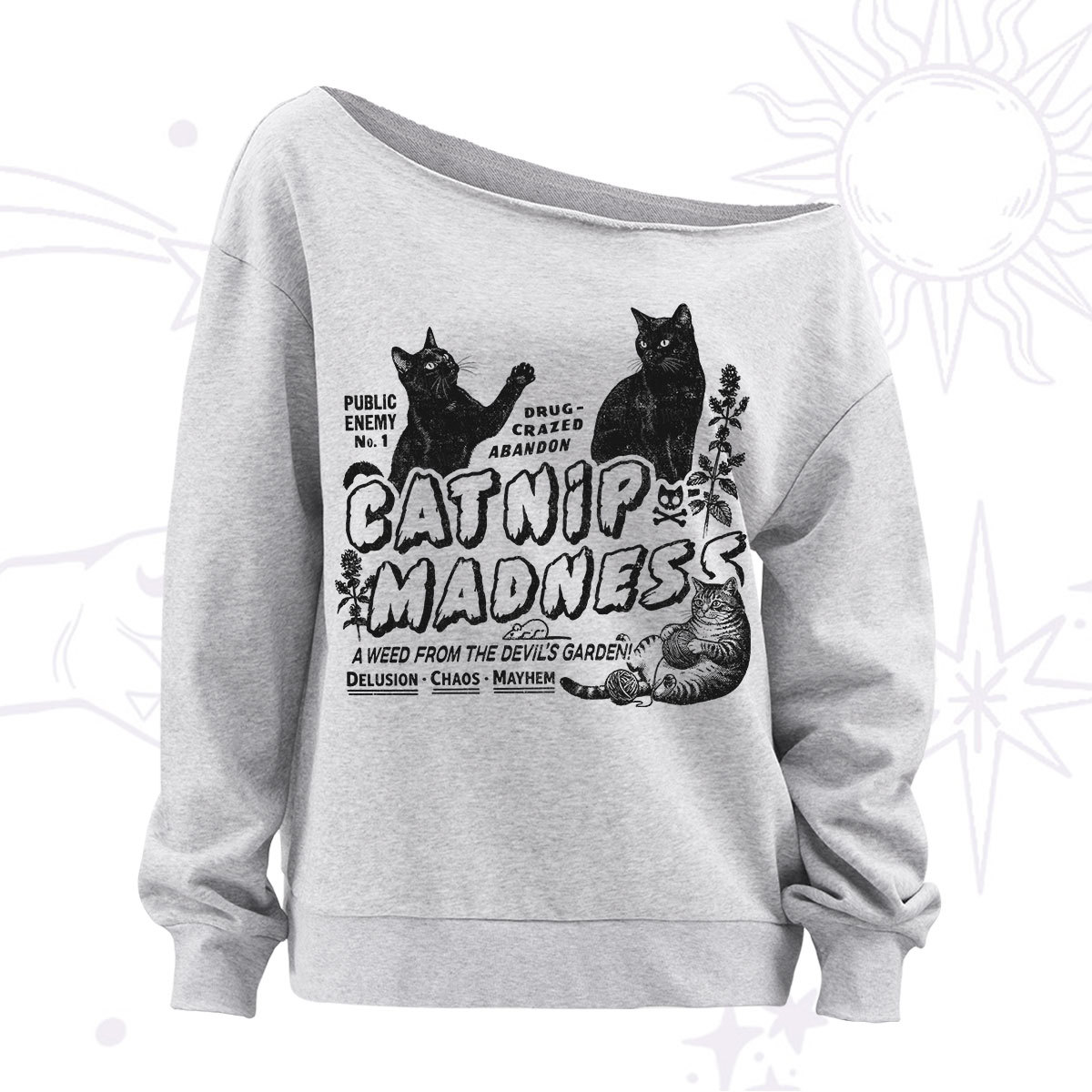 Purplehecate Catnip?Madness Cute?Cat Off The Shoulder Sweatshirt
