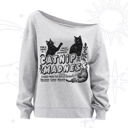 Purplehecate Catnip?Madness Cute?Cat Off The Shoulder Sweatshirt