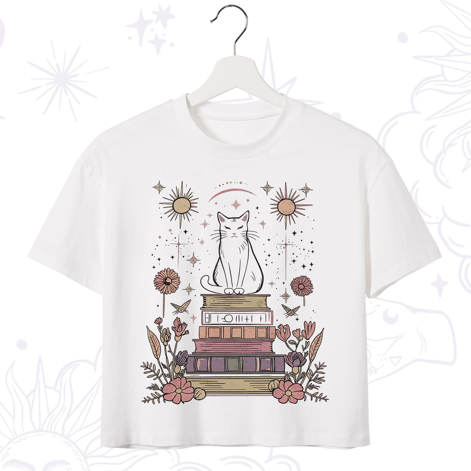 Purplehecate Mystical Cat Reading a Witchy Book Crop T-Shirt