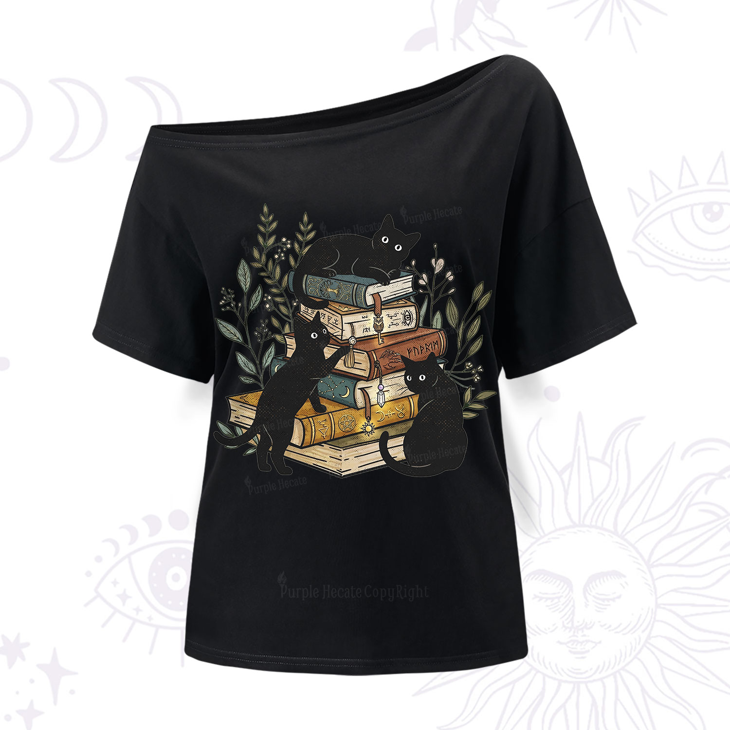Purplehecate Enchanted Library Three Black Cats One Shoulder T-Shirt