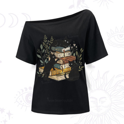 Purplehecate Enchanted Library Three Black Cats One Shoulder T-Shirt