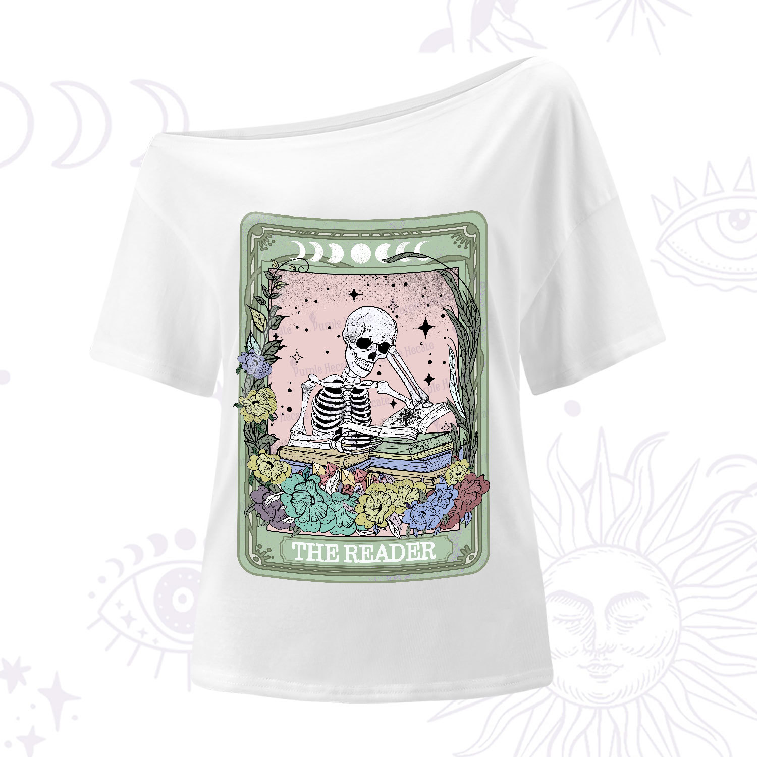 Purplehecate The Reader Bookworm Tarot Skeleton One-Shoulder T-Shirt