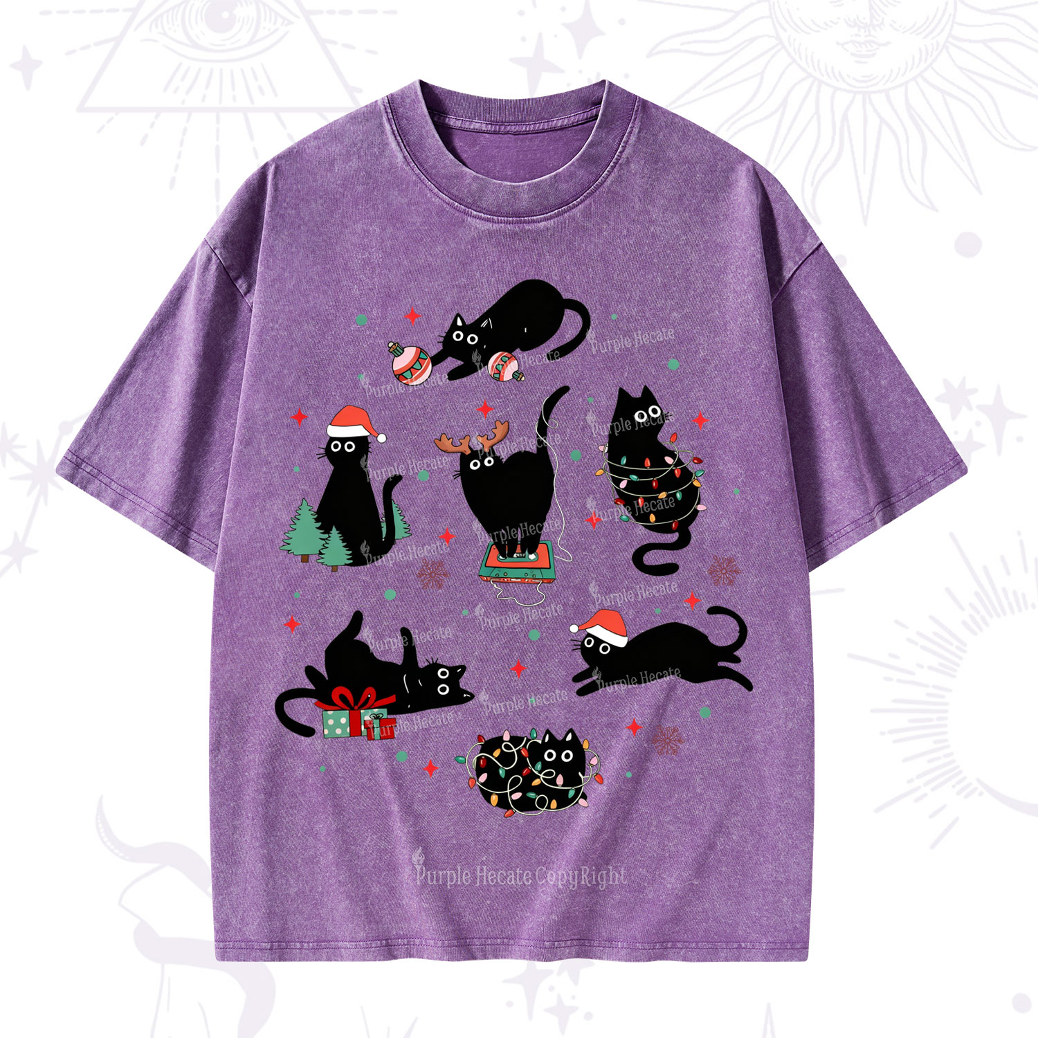 Purplehecate Christmas Cat Mom Holiday Washed T-Shirt