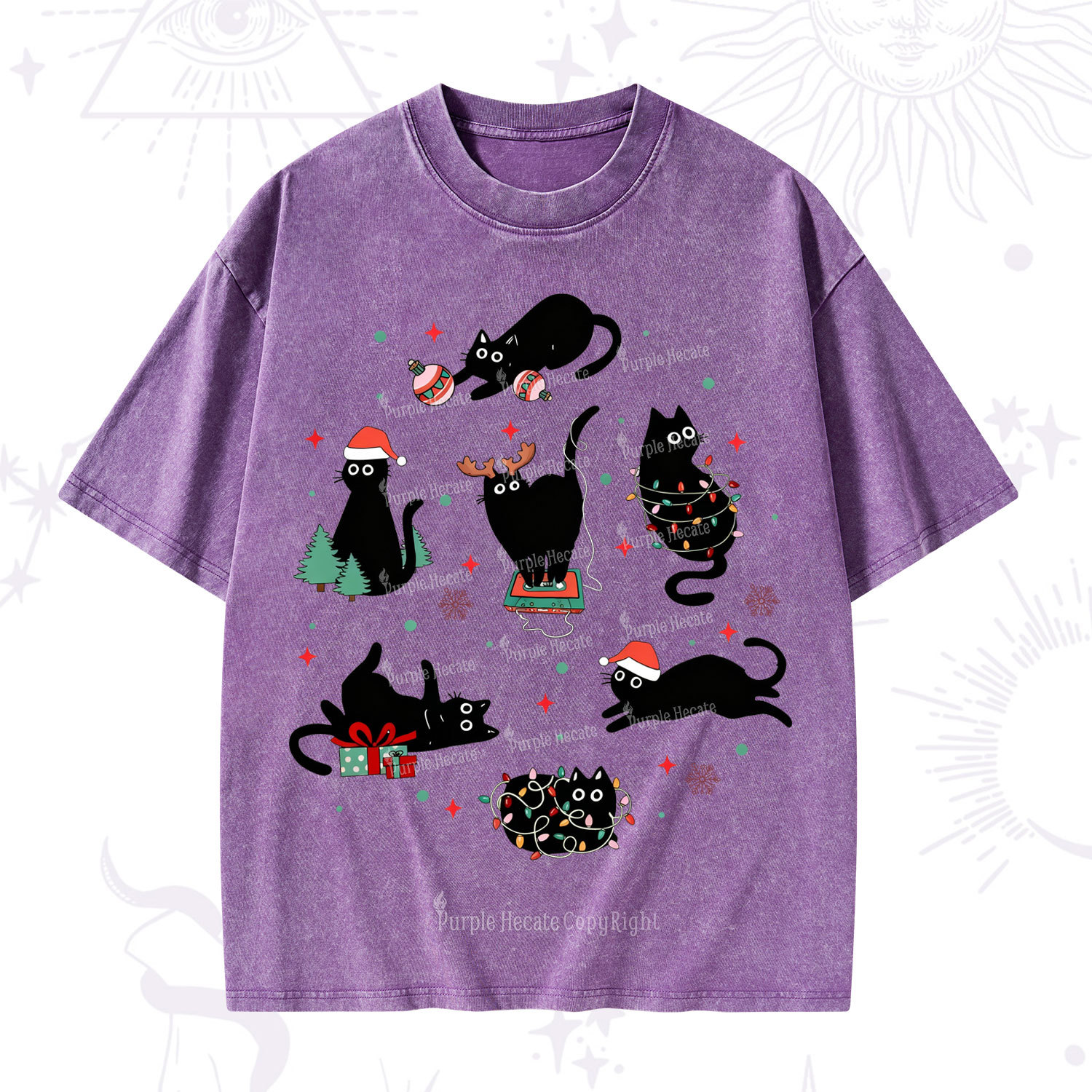Purplehecate Christmas Cat Mom Holiday Washed T-Shirt