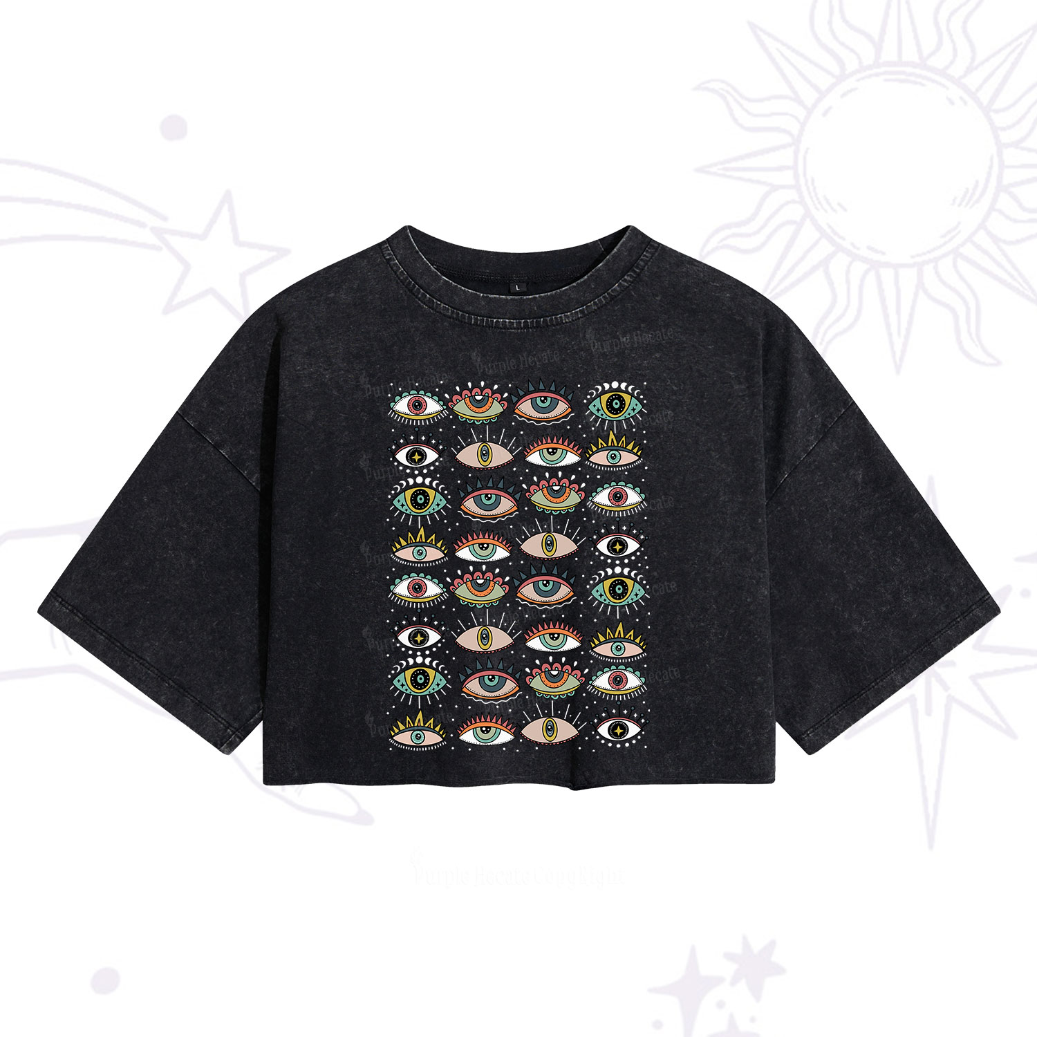 Purplehecate Evil Eye Pattern Washed Cropped T-Shirt