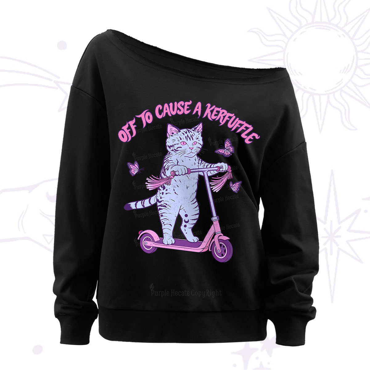 Purplehecate Off To Cause A Kerfuffle Cat Off The Shoulder Sweatshirt