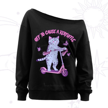 Purplehecate Off To Cause A Kerfuffle Cat Off The Shoulder Sweatshirt