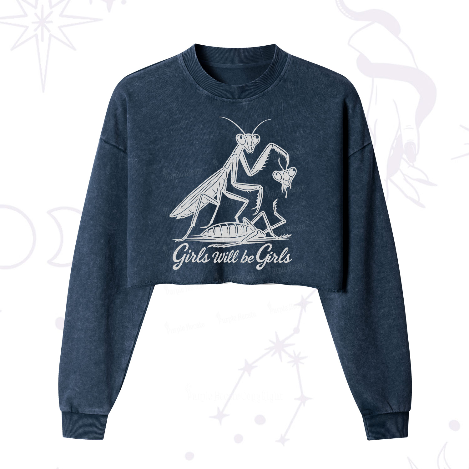 Purplehecate Girls Will Be Girls Praying Mantis Cropped Washed Sweatshirt