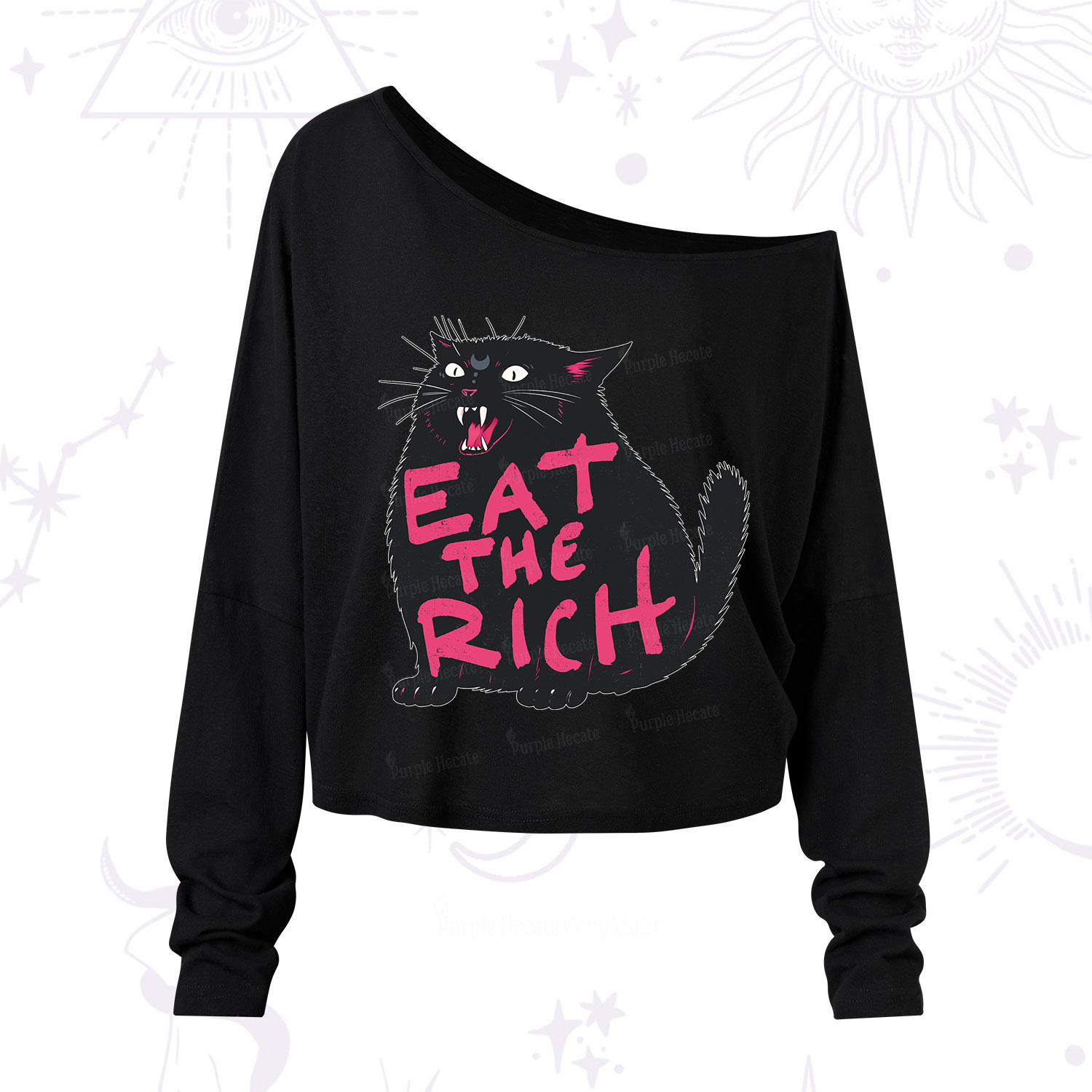Purplehecate Eat The Rich Cat One Shoulder Long Sleeve Shirt