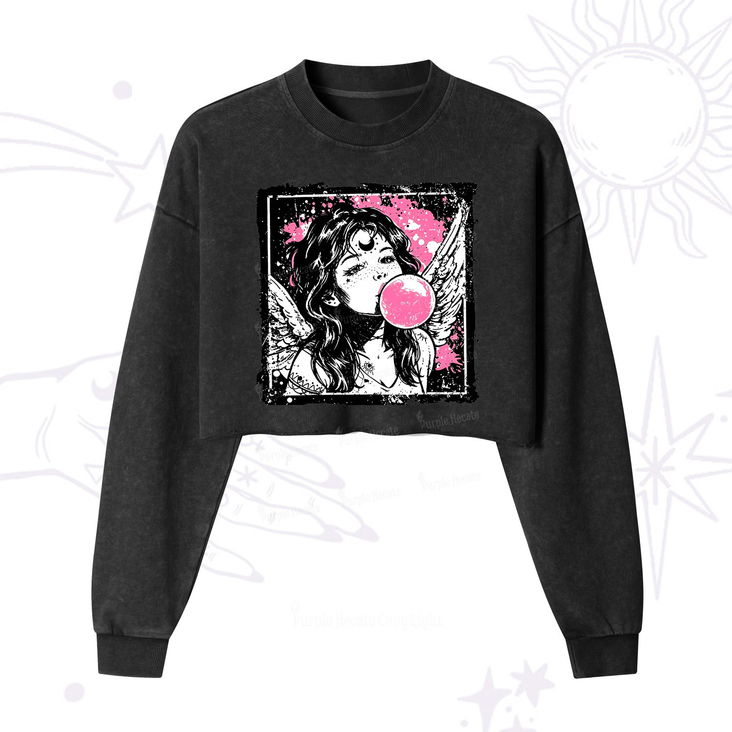 Purplehecate Grunge Angel with Bubblegum Cropped Washed Sweatshirt