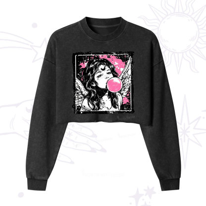 Purplehecate Grunge Angel with Bubblegum Cropped Washed Sweatshirt