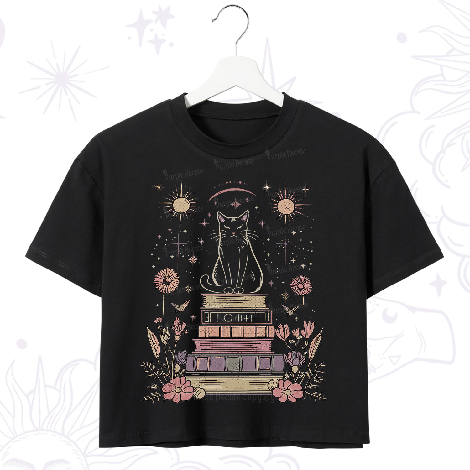 Purplehecate Mystical Cat Reading a Witchy Book Crop T-Shirt