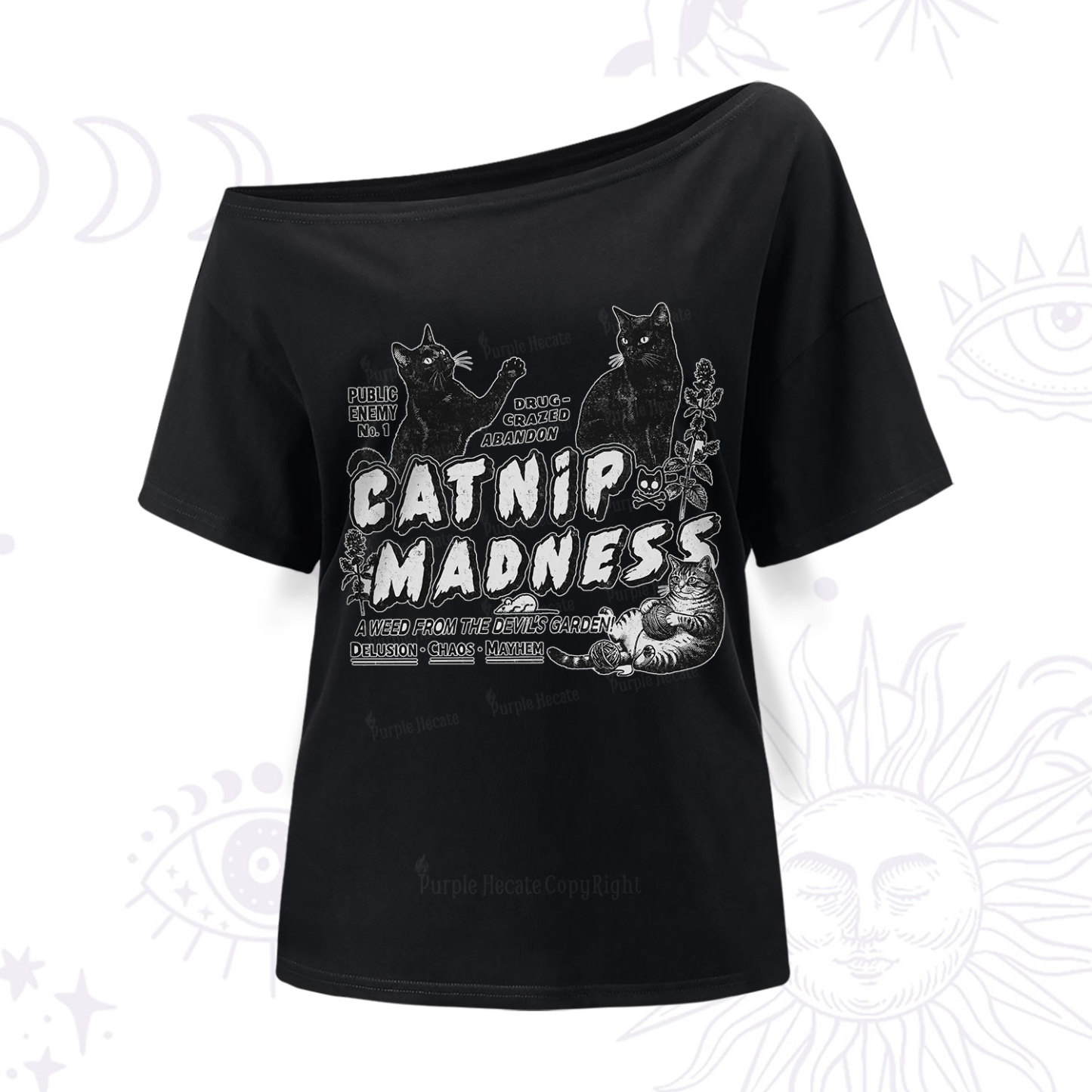 Purplehecate Catnip?Madness Cute?Cat One Shoulder T-Shir